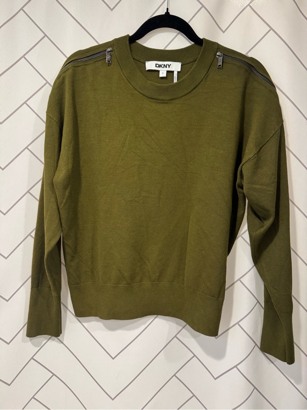 DKNY Olive Crewneck Sweater with Shoulder Zippers